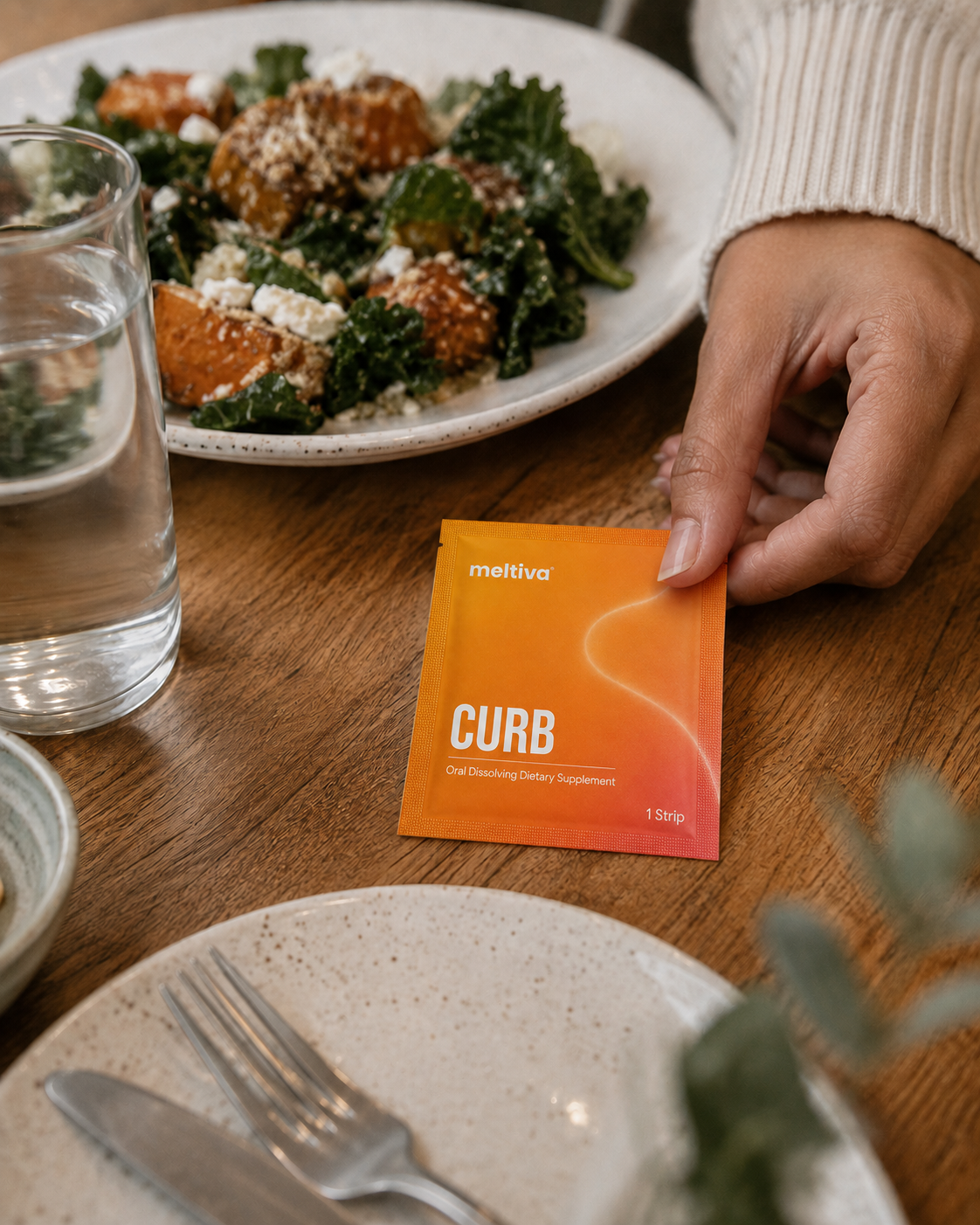 Discreetly using a Meltiva strip at a dinner table