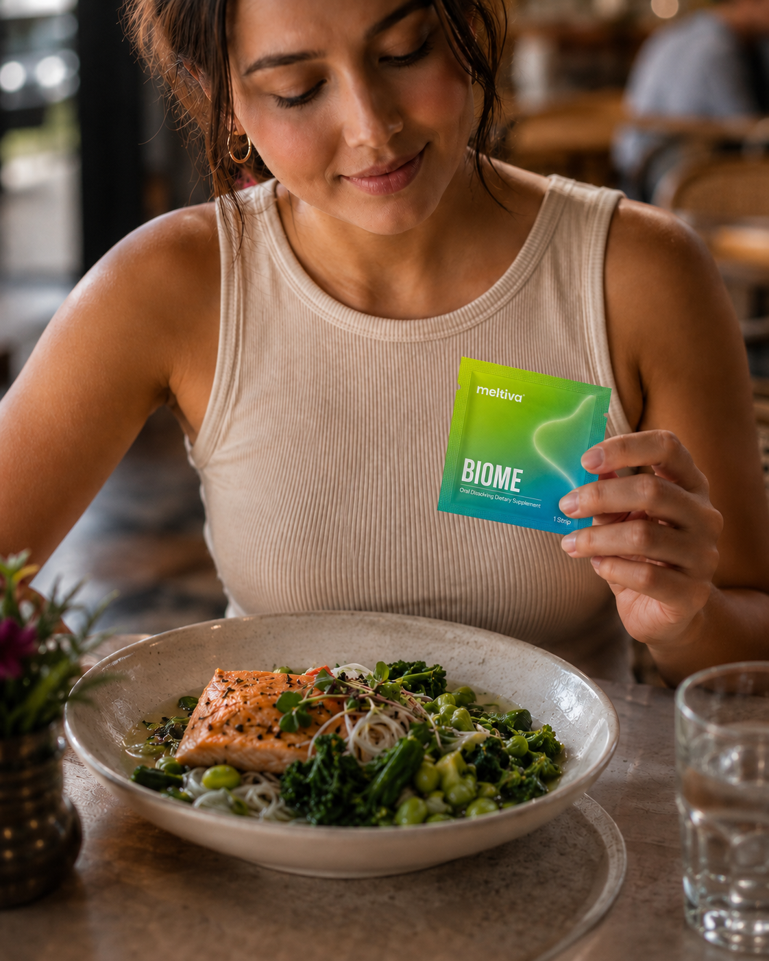 Discreetly using a Meltiva strip at a dinner table