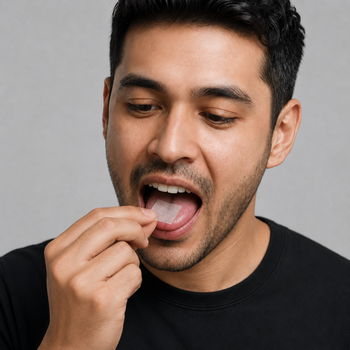A Meltiva strip dissolving on the tongue.